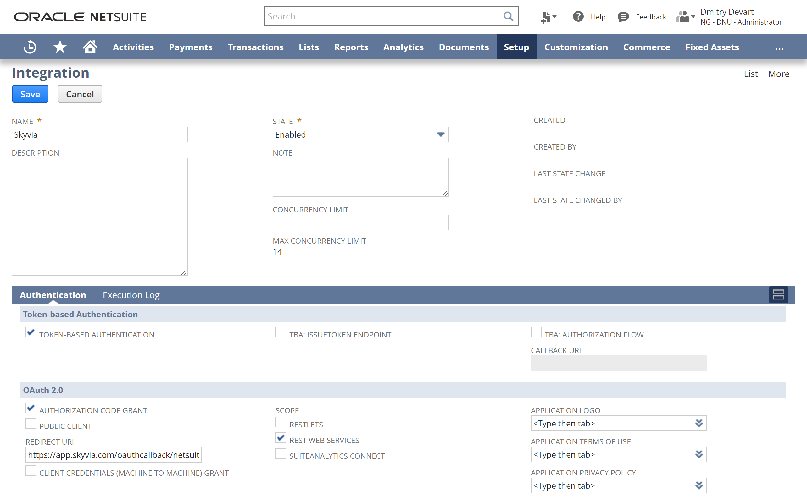 NetSuite integration record configured